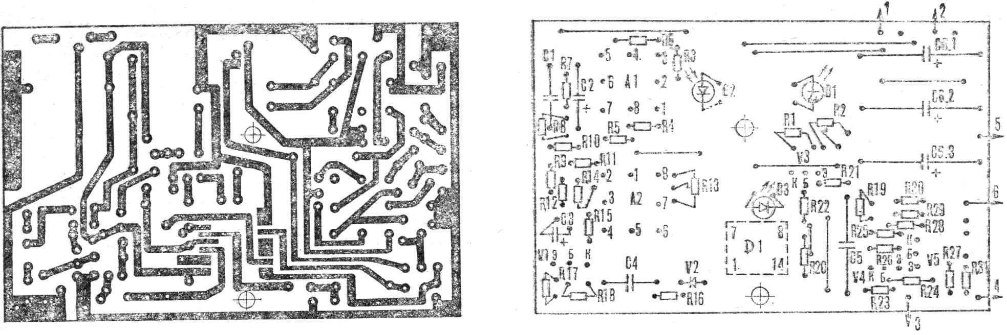 Рис. 2. Монтажная плата пульсомера со схемой расположения деталей (M1:1).