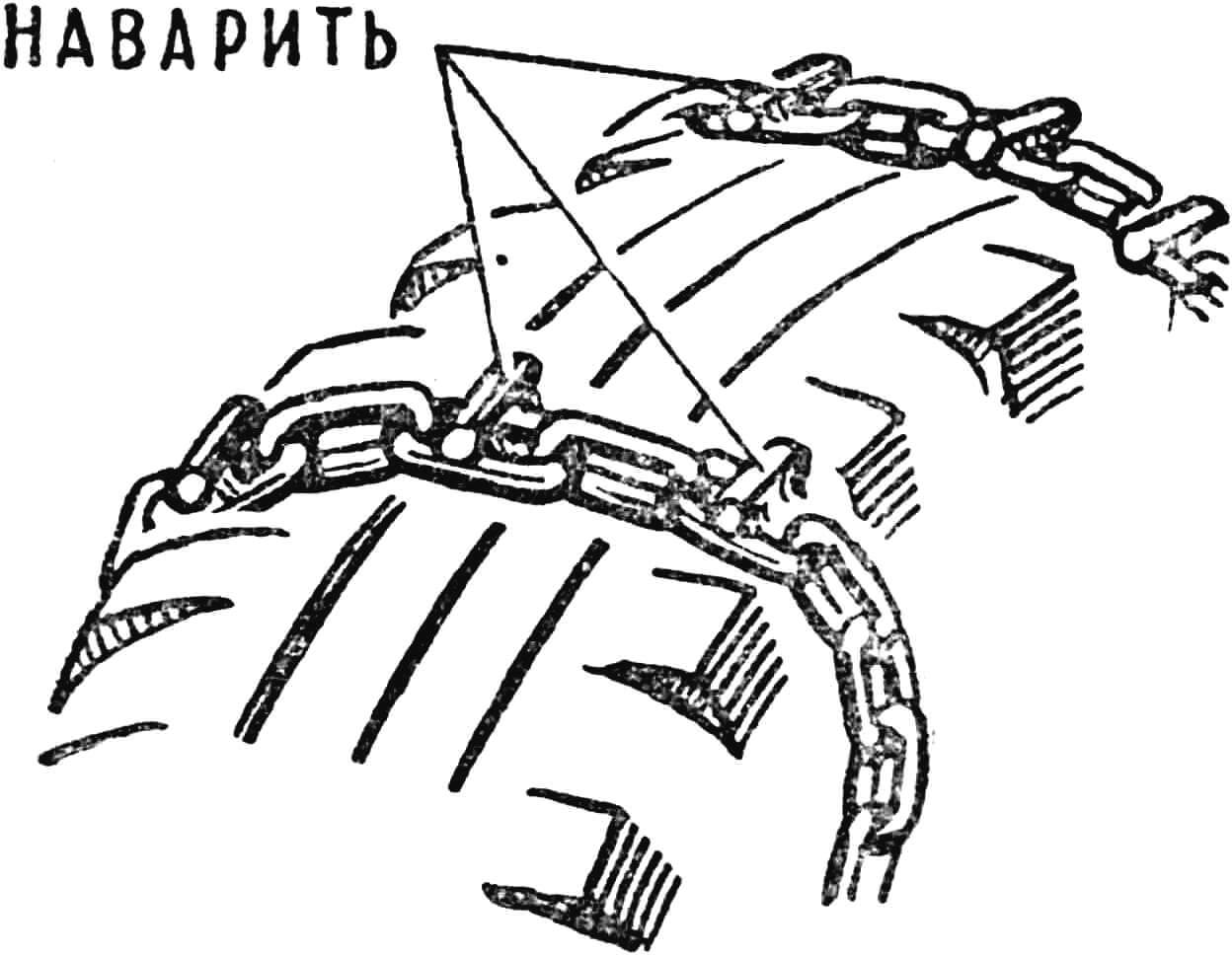 Рис. 7. Наварка кусочков толстой проволоки на цепной браслет.