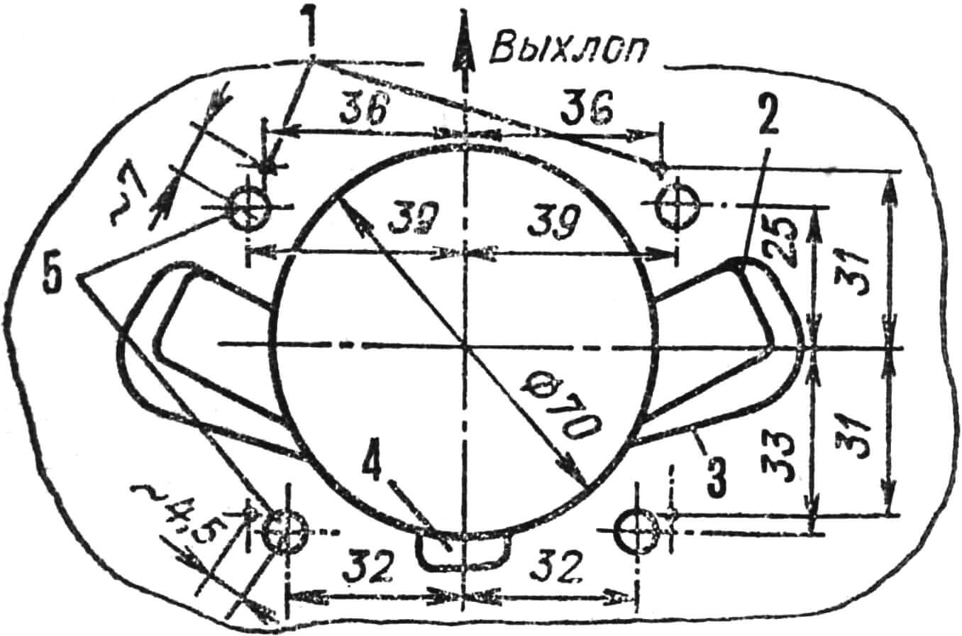 Рис. 2. Установочные размеры для шпилек М8 на картере мотора «Привет-22» под цилиндры мотора «Восход»