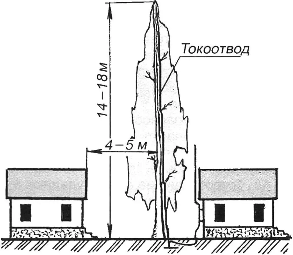 Рис. 3. Дом с неметаллической кровлей и молниеотводом по растущему дереву
