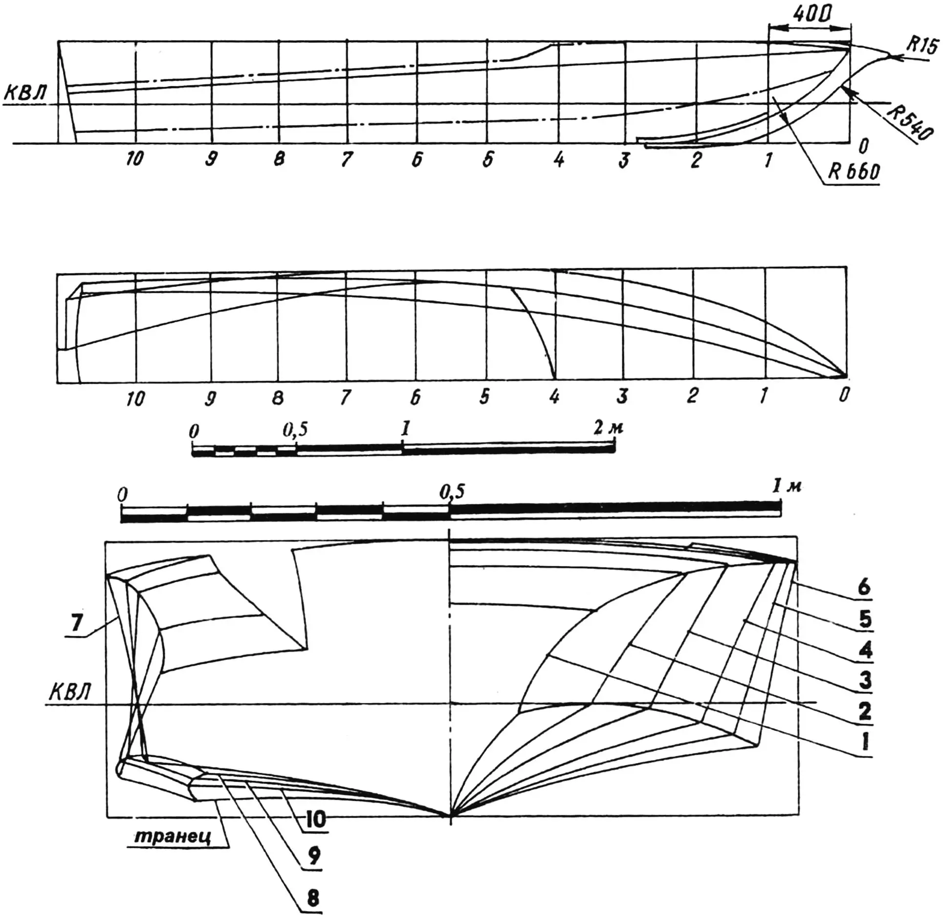 Theoretical drawing of the motorboat hull.