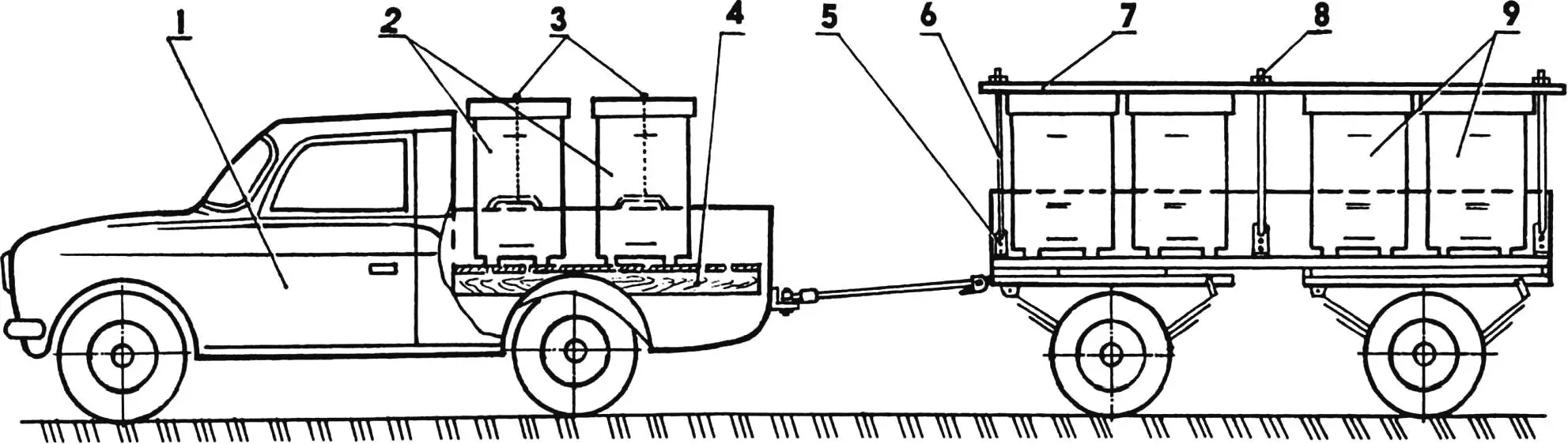 Scheme of fastening hives on the trailer and in the Izh-27151-01 vehicle body