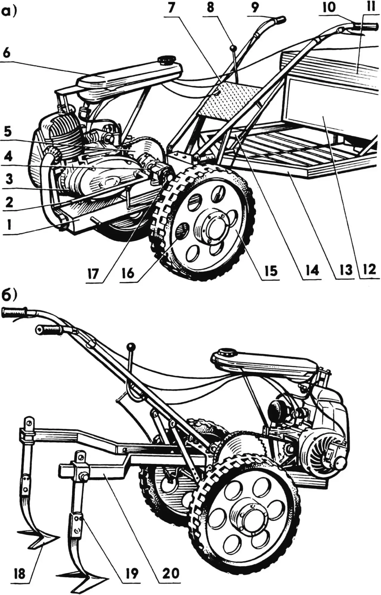 Fig.1. Walk-behind tractor (casing removed), aggregated with cart (a) and cultivators (b)