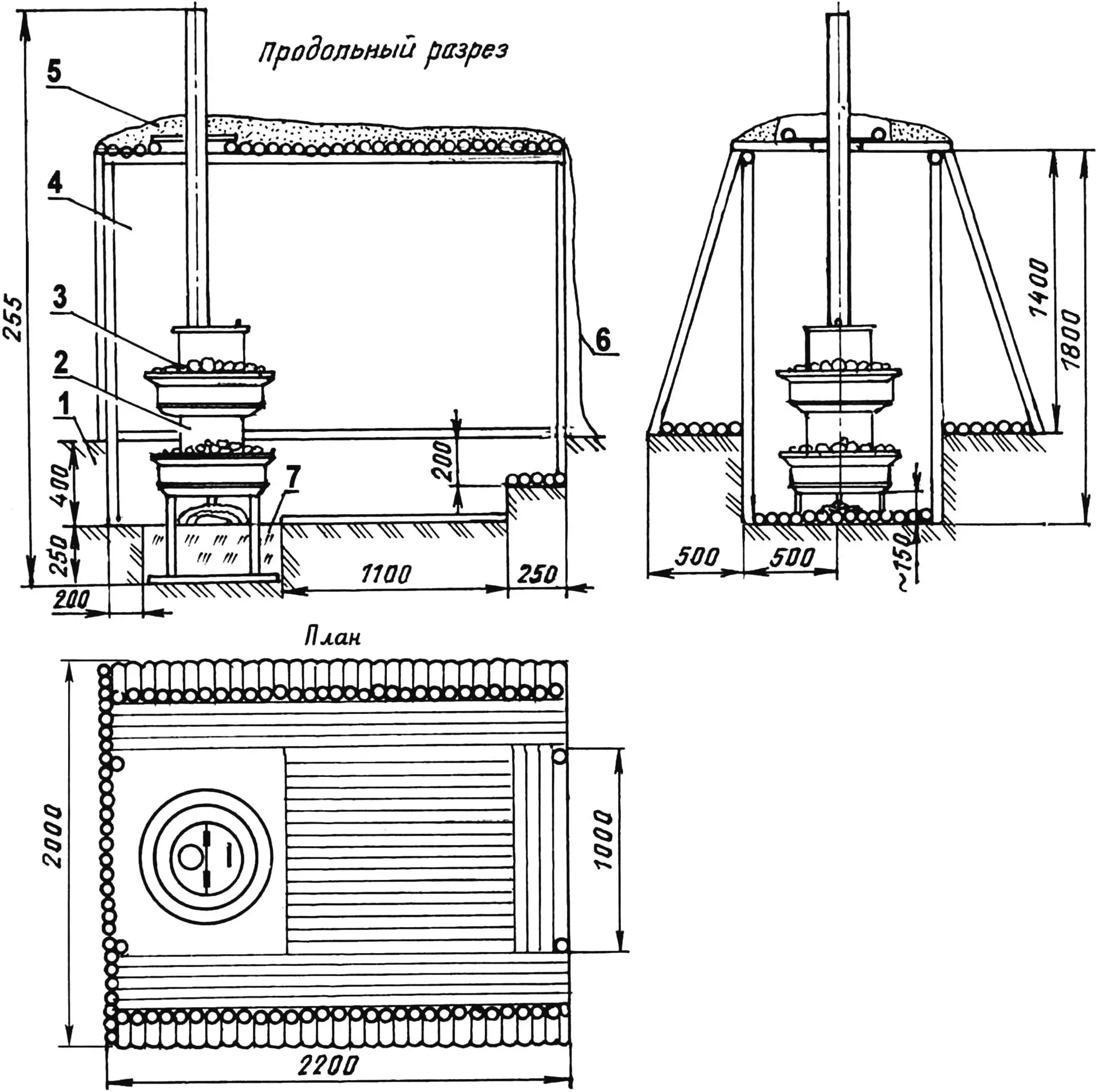 Plan, longitudinal and cross sections of the bathhouse