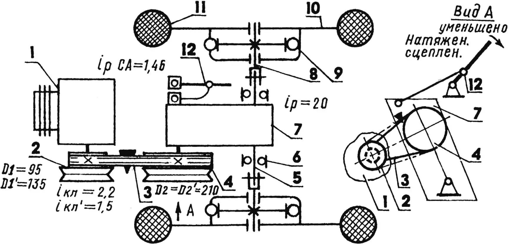 Kinematic diagram of the walk-behind tractor transmission