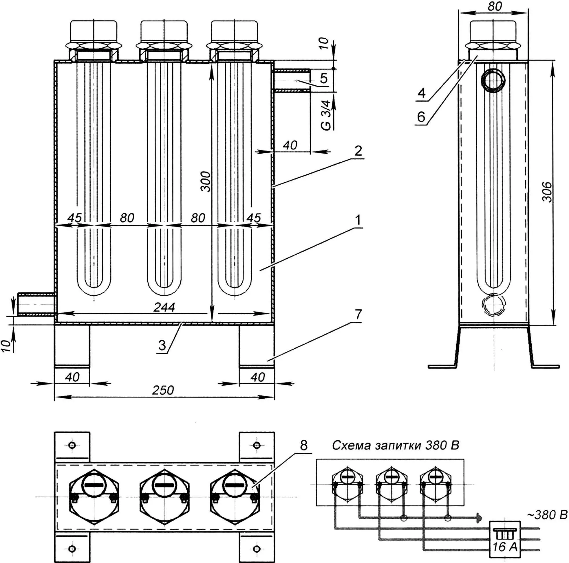 Котел с тремя ТЭНами, запитанными от трехфазной электрической сети