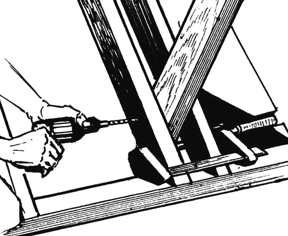 Соединение сдвоенных стропил с подкосом-распоркой навеса