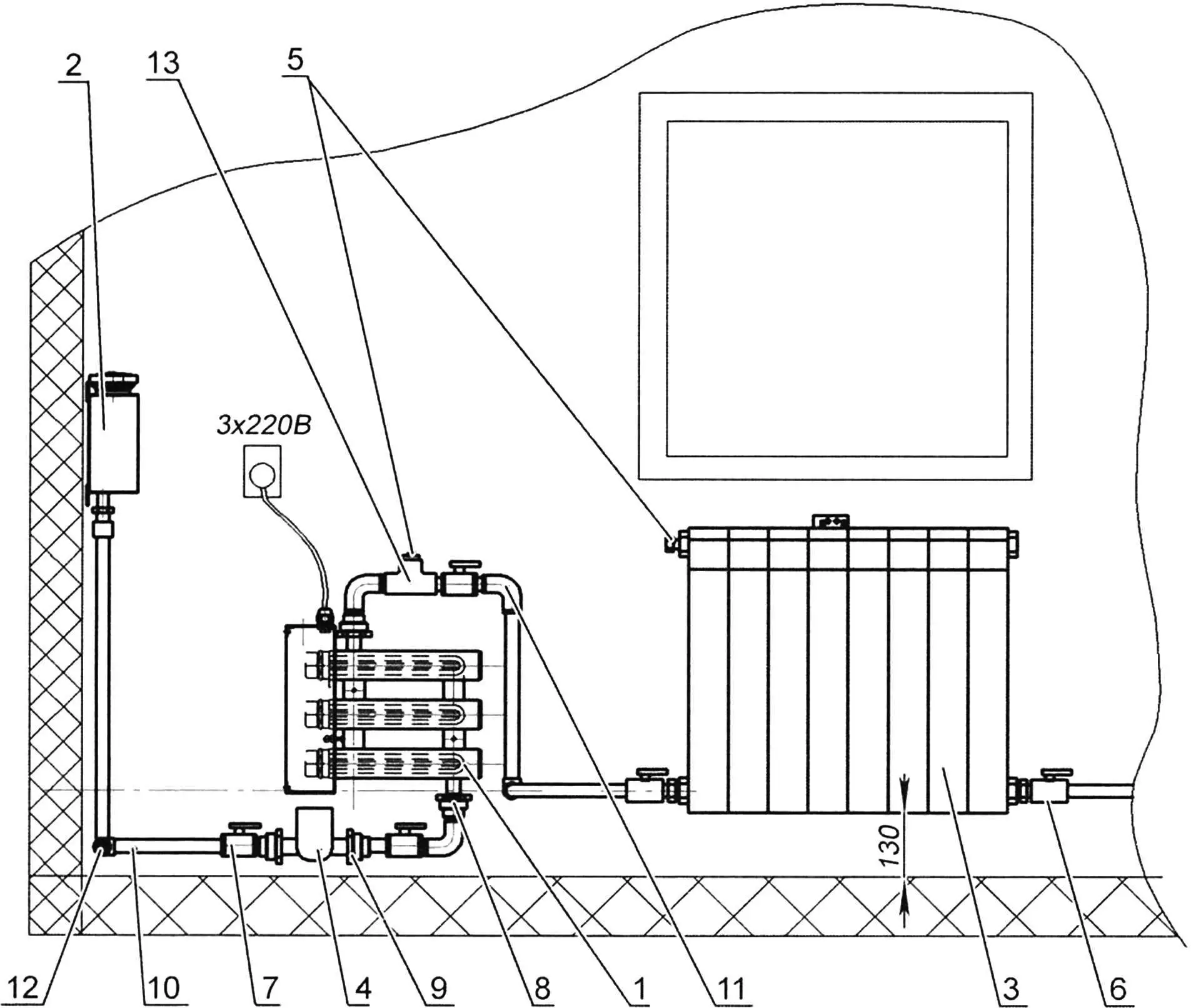 Схема однотрубной жидкостной отопительной системы с тремя автоматическими тепловыми электрическими нагревателями, запитанными от трехфазного источника питания