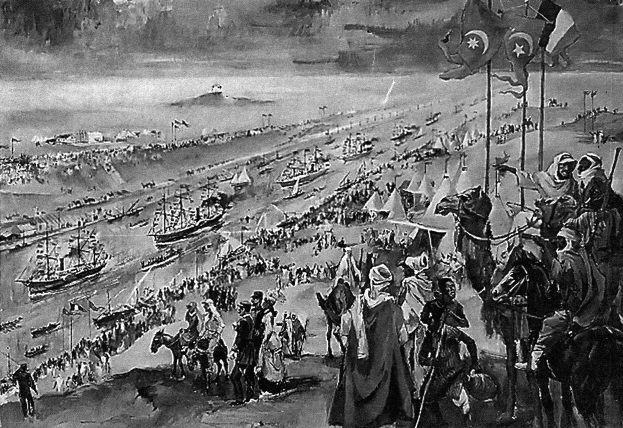 Огромный караван с французской императорской яхтой ««L’Aigle» во главе проходит по только что открытомуСуэцкому каналу