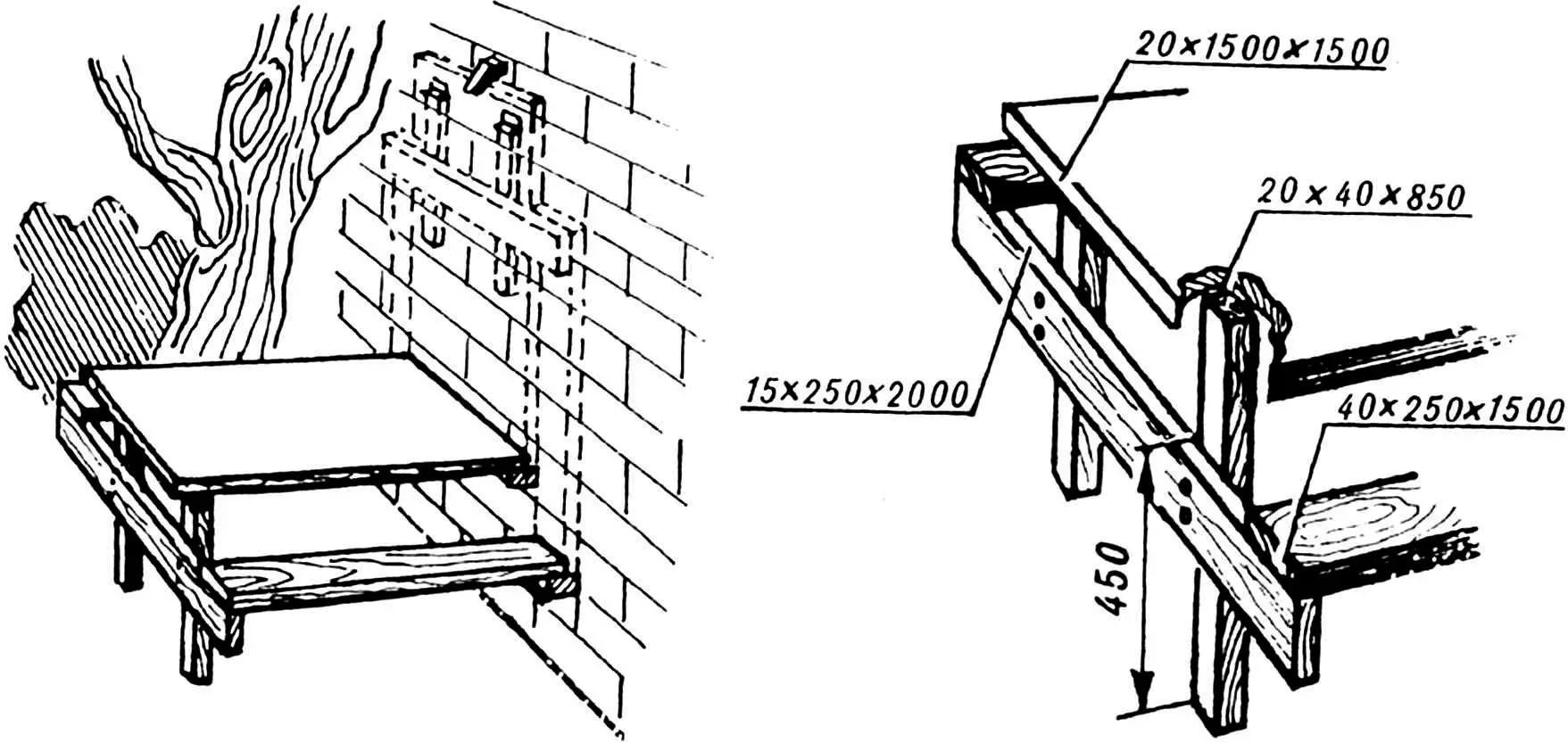 Wall-mounted table in raised position