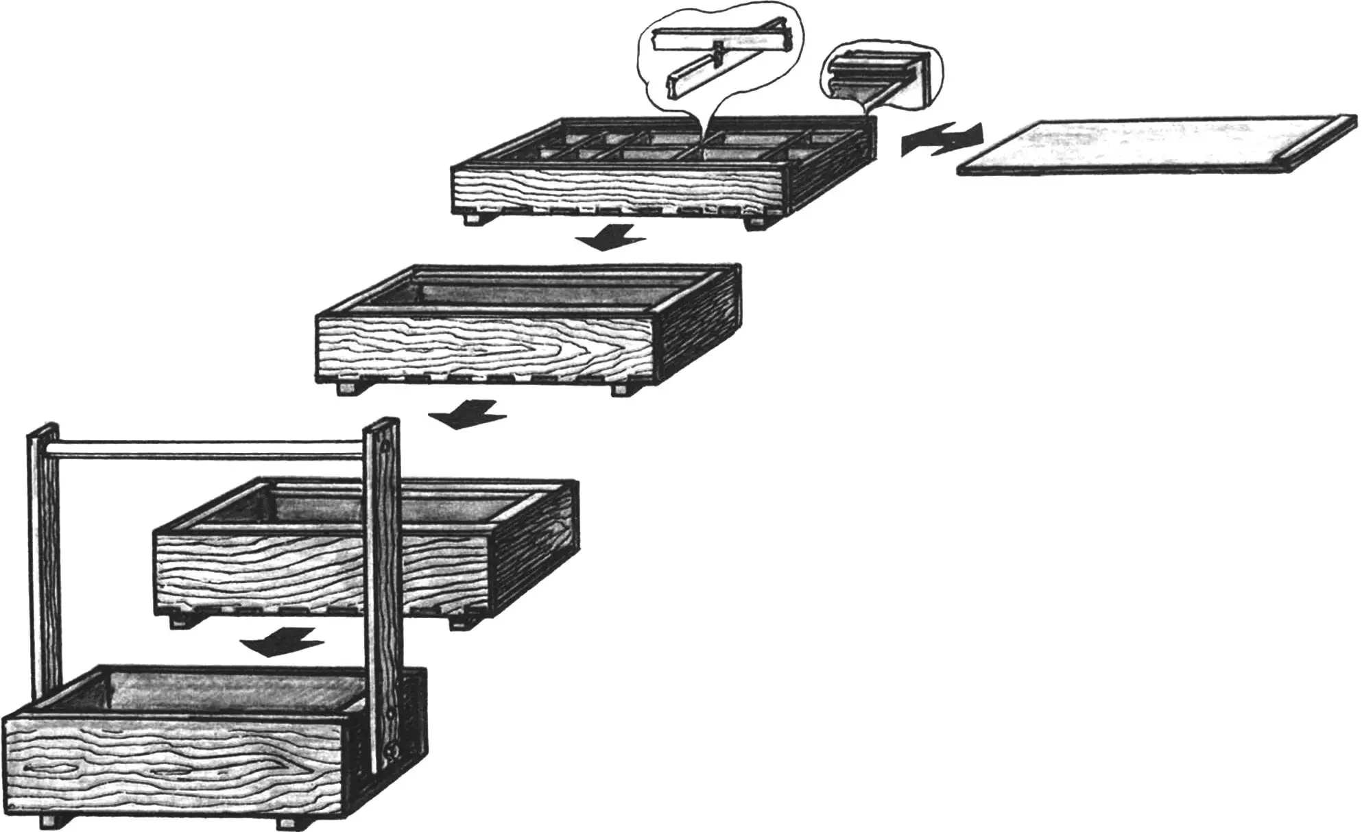 Sequence of assembling the multi-tier box.