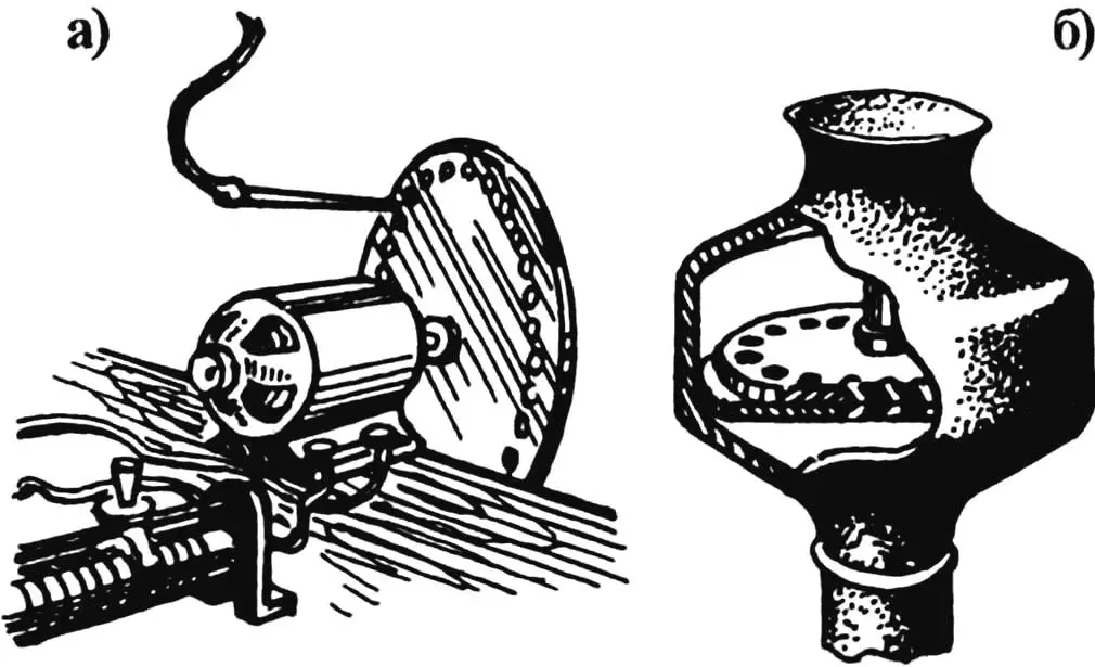 Method of obtaining a sounding air stream under laboratory conditions (a) and a siren operating on the same principle (b) as a source of air oscillations at frequencies that are multiples of the product of the number of holes and the disk revolutions per second