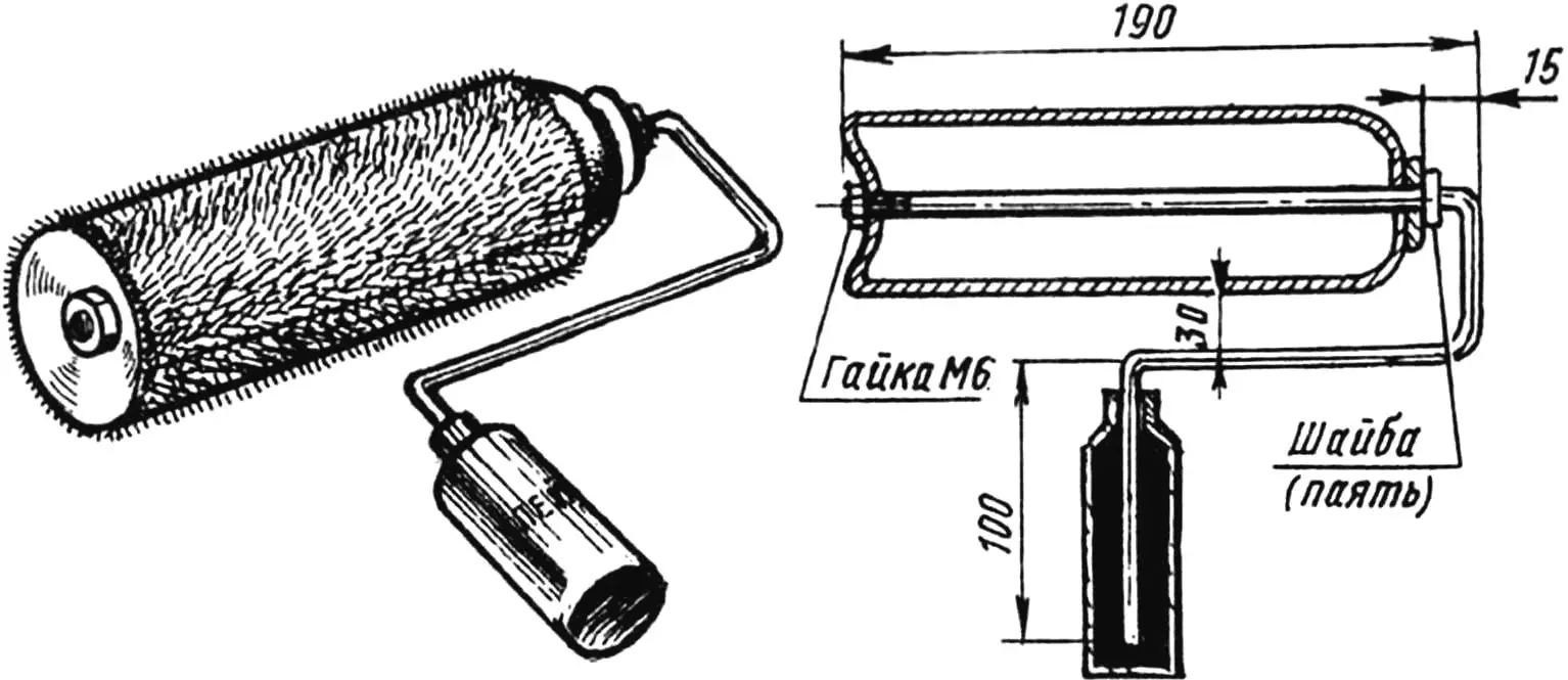 A used aerosol canister, a bottle from office glue, a metal rod, and a piece of sheepskin—that's all that was needed for a paint roller.