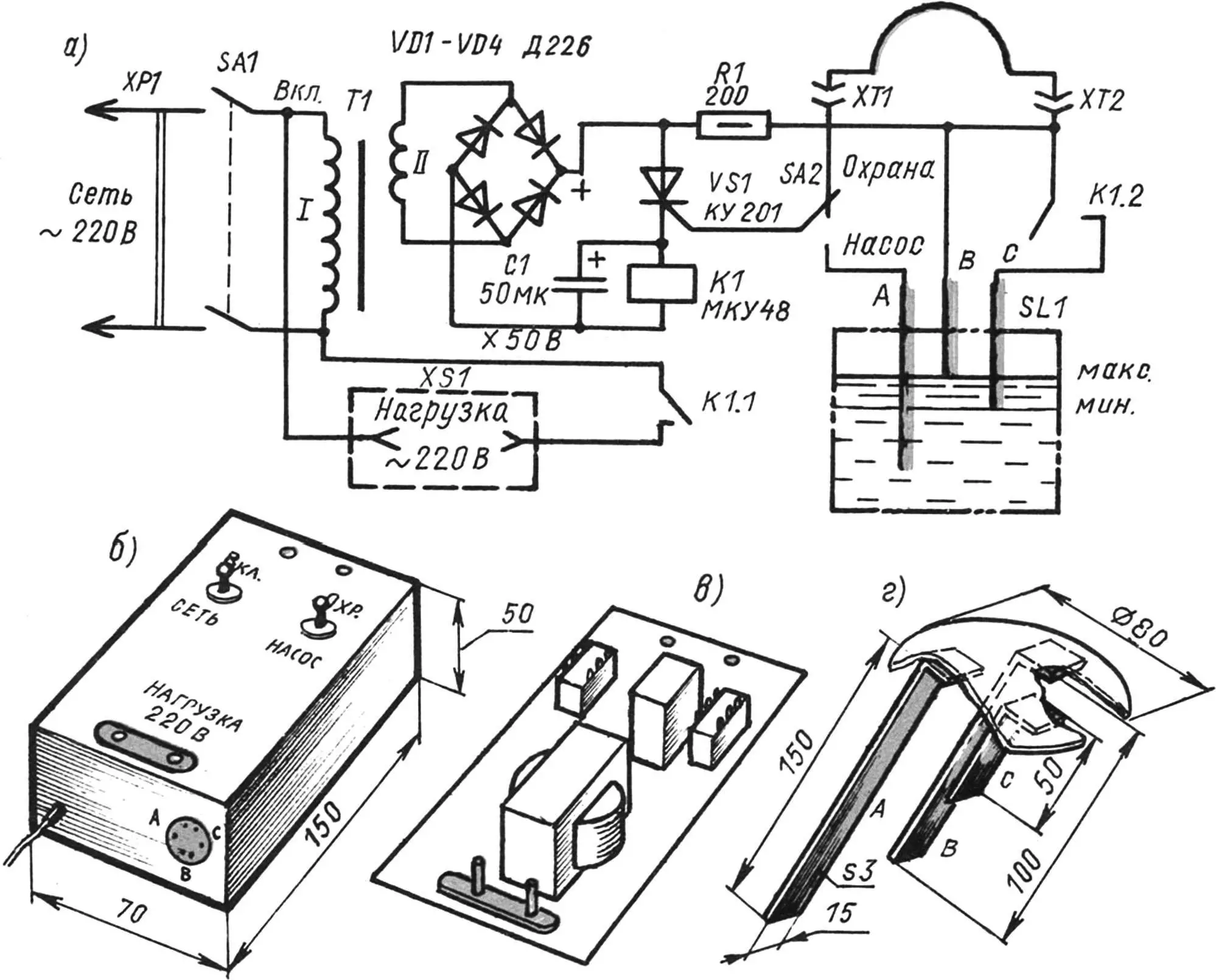 Принципова електрична схема (а) саморобного автомата, що вдень качає воду, а вночі служить охоронним пристроєм, розміщення його основних деталей в корпусі (б), на монтажній платі (в) та варіант виконання занурювального датчика (г) рівня води.