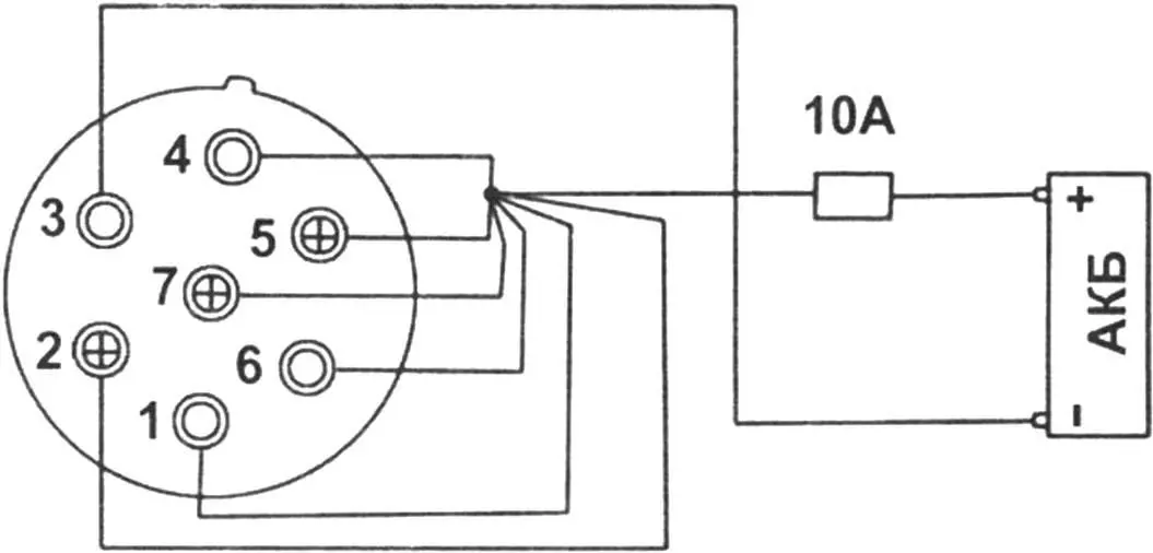 Schematic diagram of a tester for checking trailer electrical wiring. Connector contacts