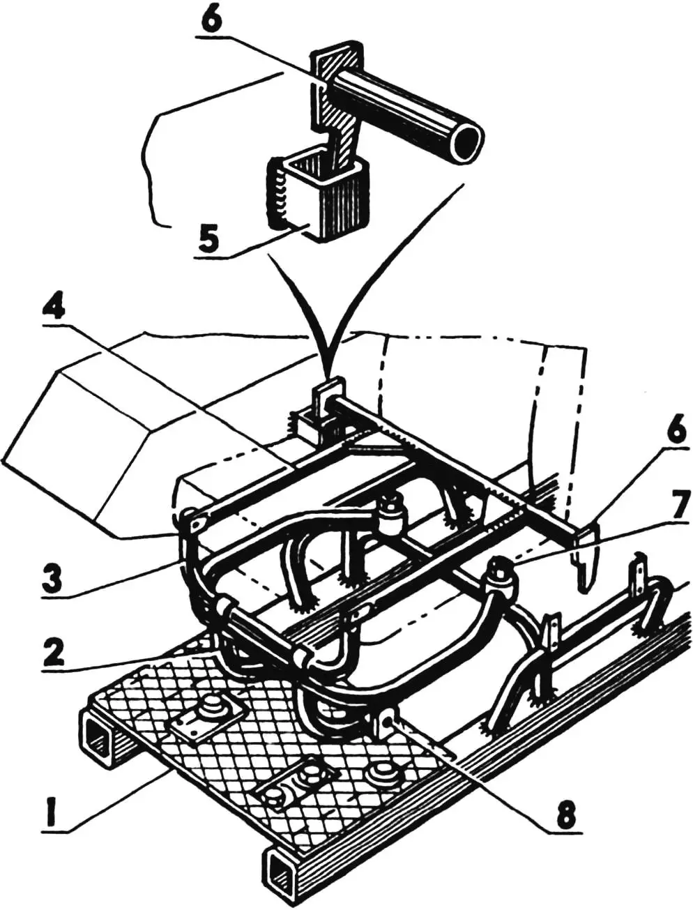 Position of fuel tank frame and seat base on chassis frame