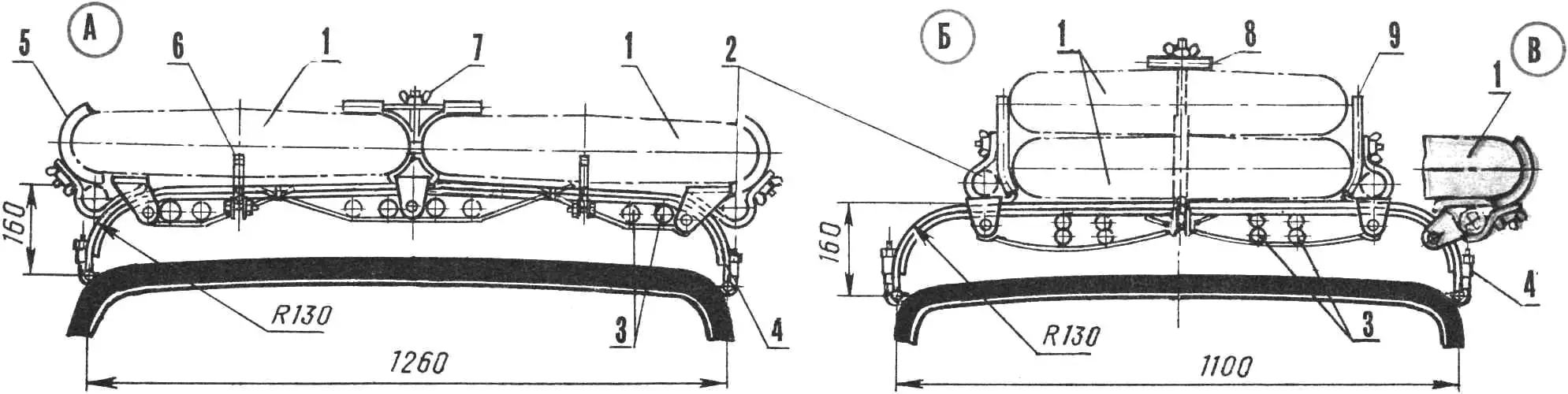 Fig. 2. Universal roof rack (A — Zhiguli variant; B — Zaporozhets variant; C — two sailboards in one tier)