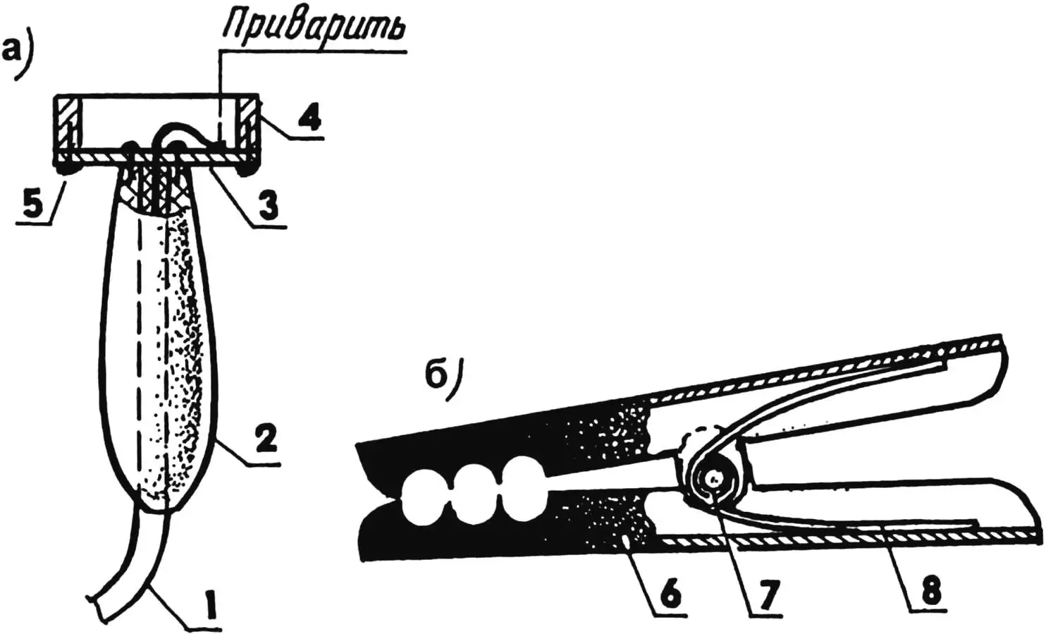 Fig. 3. Options for the work clamp contact — magnetic (a) and crocodile clip (b)