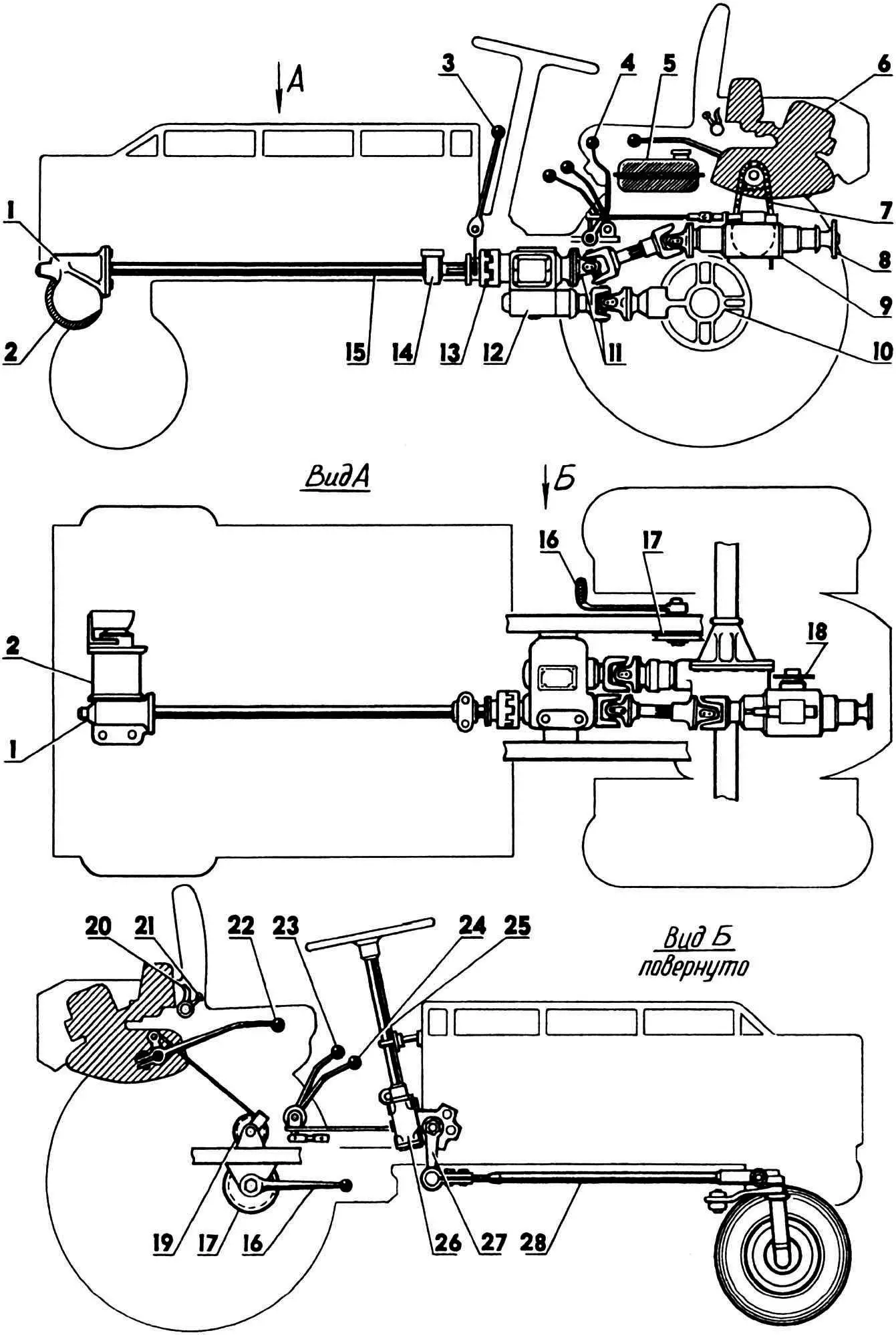 Layout of power unit, transmission and controls (except pedals)
