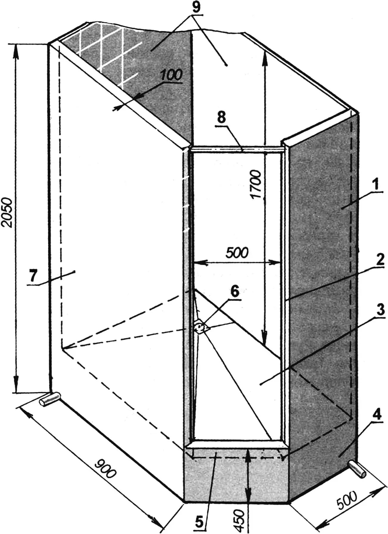 Shower cabin with quarter-brick partitions, tiled with ceramic tiles