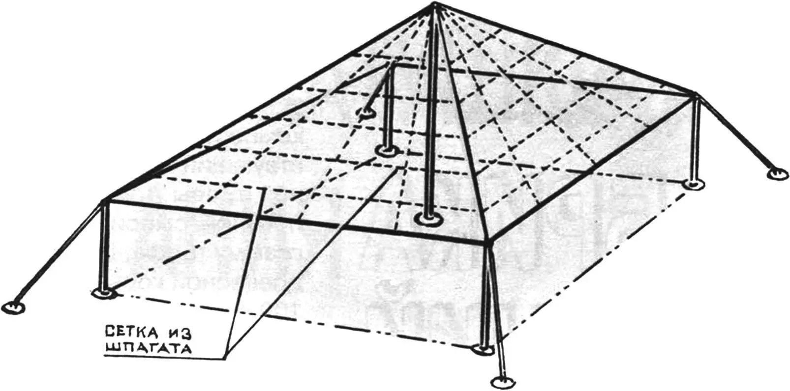 Frame of a square greenhouse covered with a twine mesh before laying the film.