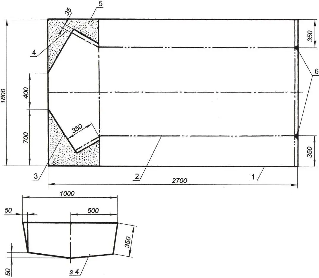 Развертка обшивки (примерный раскрой дюралюминиевого листа s2 мм) и выкройка заднего транца