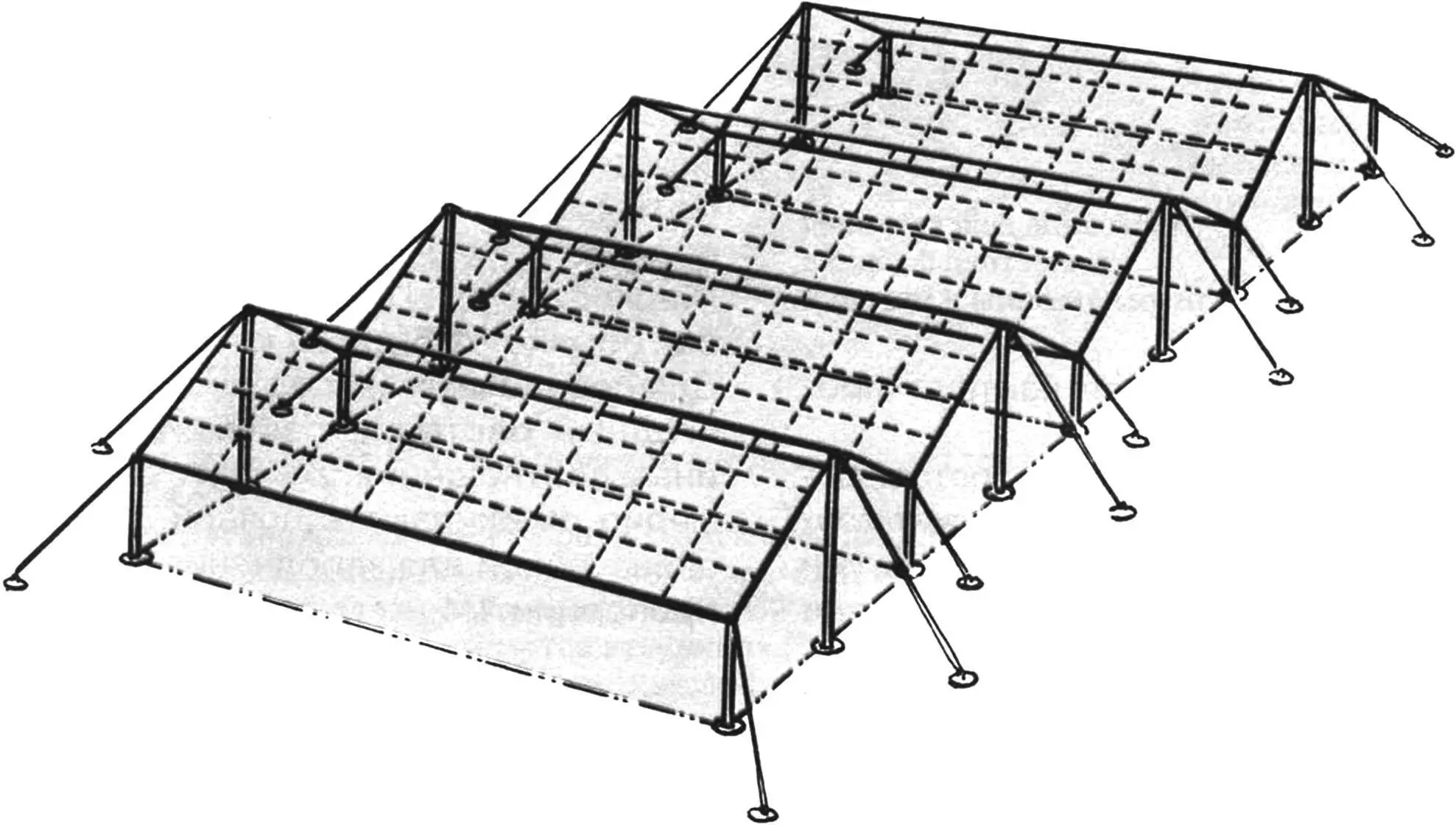 Greenhouse field assembled from rectangular pavilion-type greenhouses.
