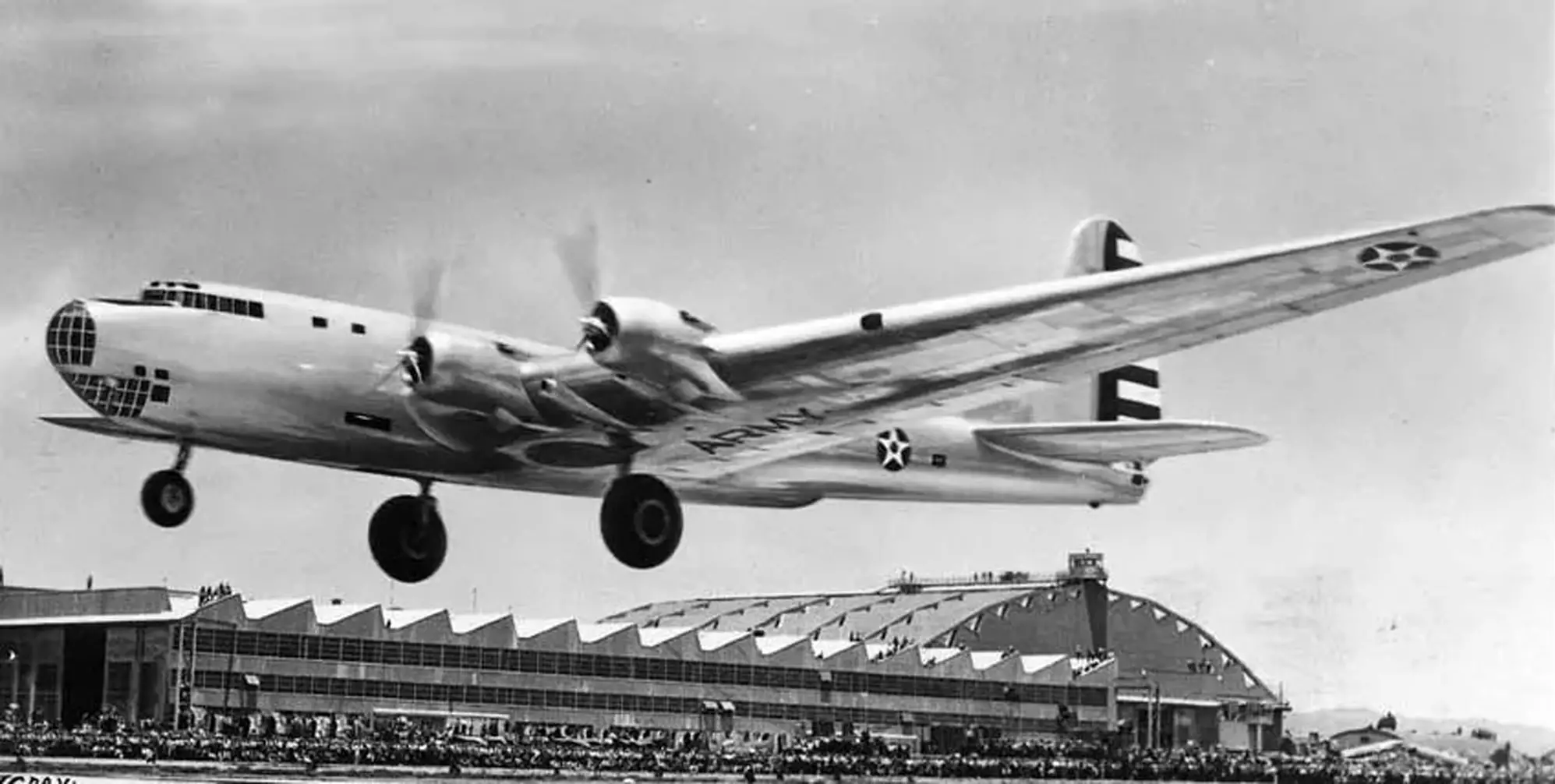 First takeoff of Douglas XB-19. Clover Field, Santa Monica, 27 June 1941