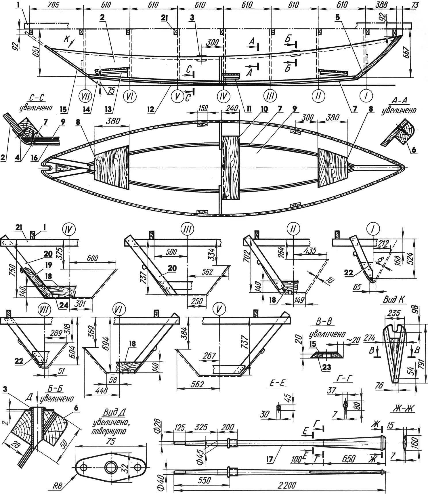 Rowing boat based on a universal hull