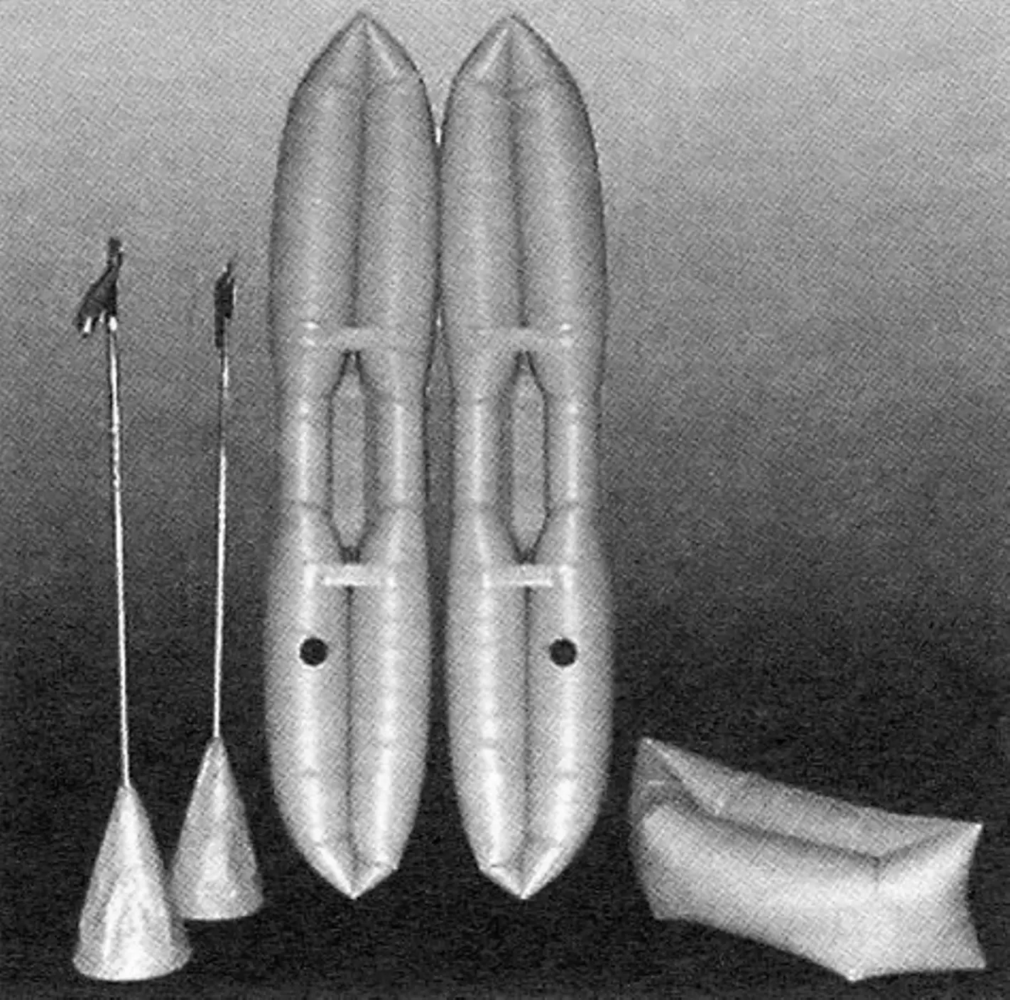 Inflatable water skis with poles and a seat can be used as a boat