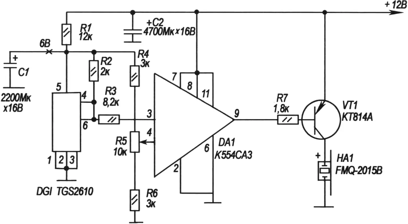 Circuit diagram of a device based on the TGS2610 sensor responding to propane gas
