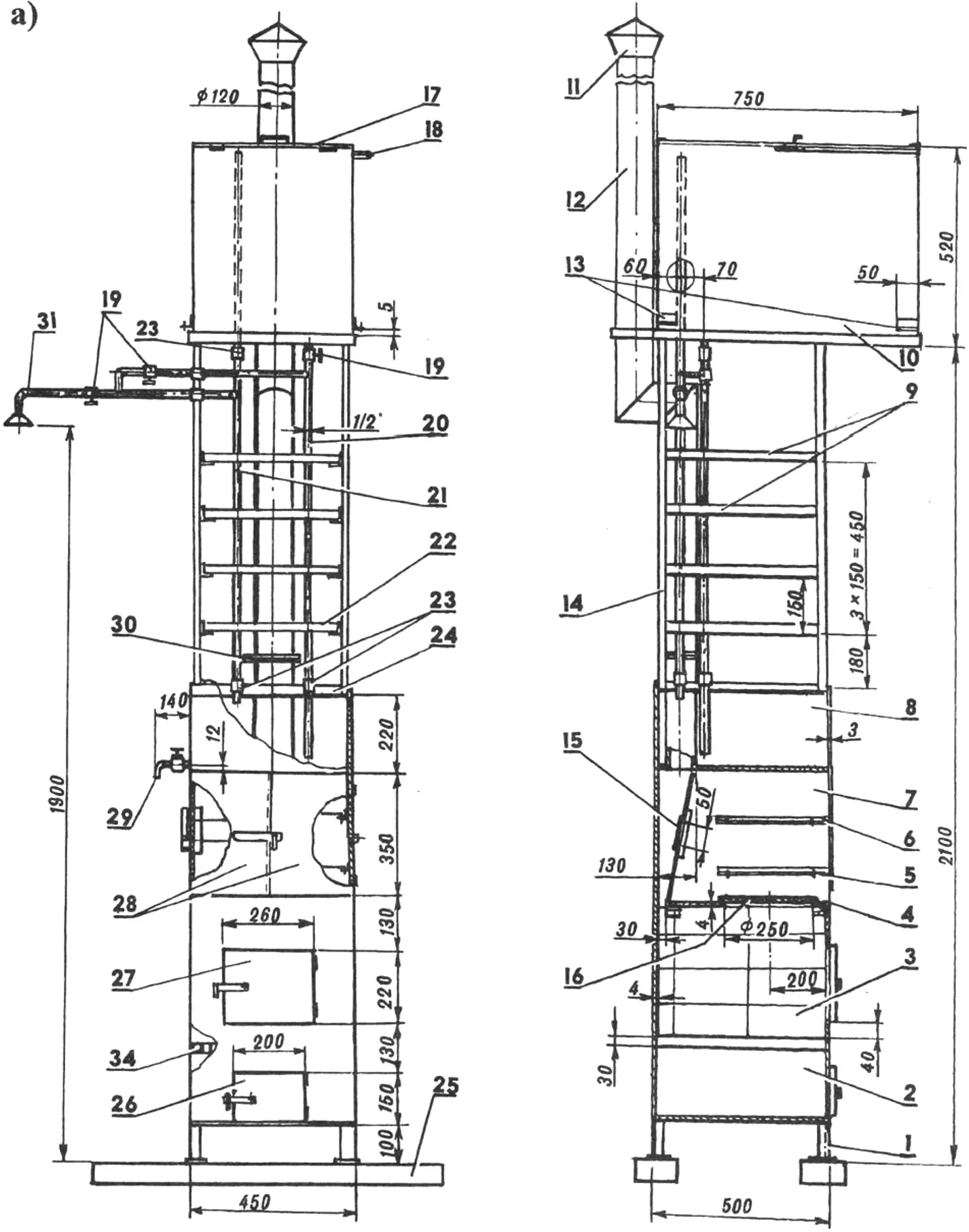 Steel universal stoves (a — dacha stove)