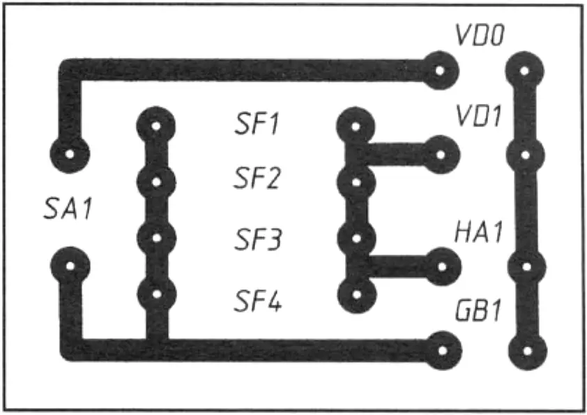 Fig. 6. Printed circuit board for a four-reed-switch indicator without resistors