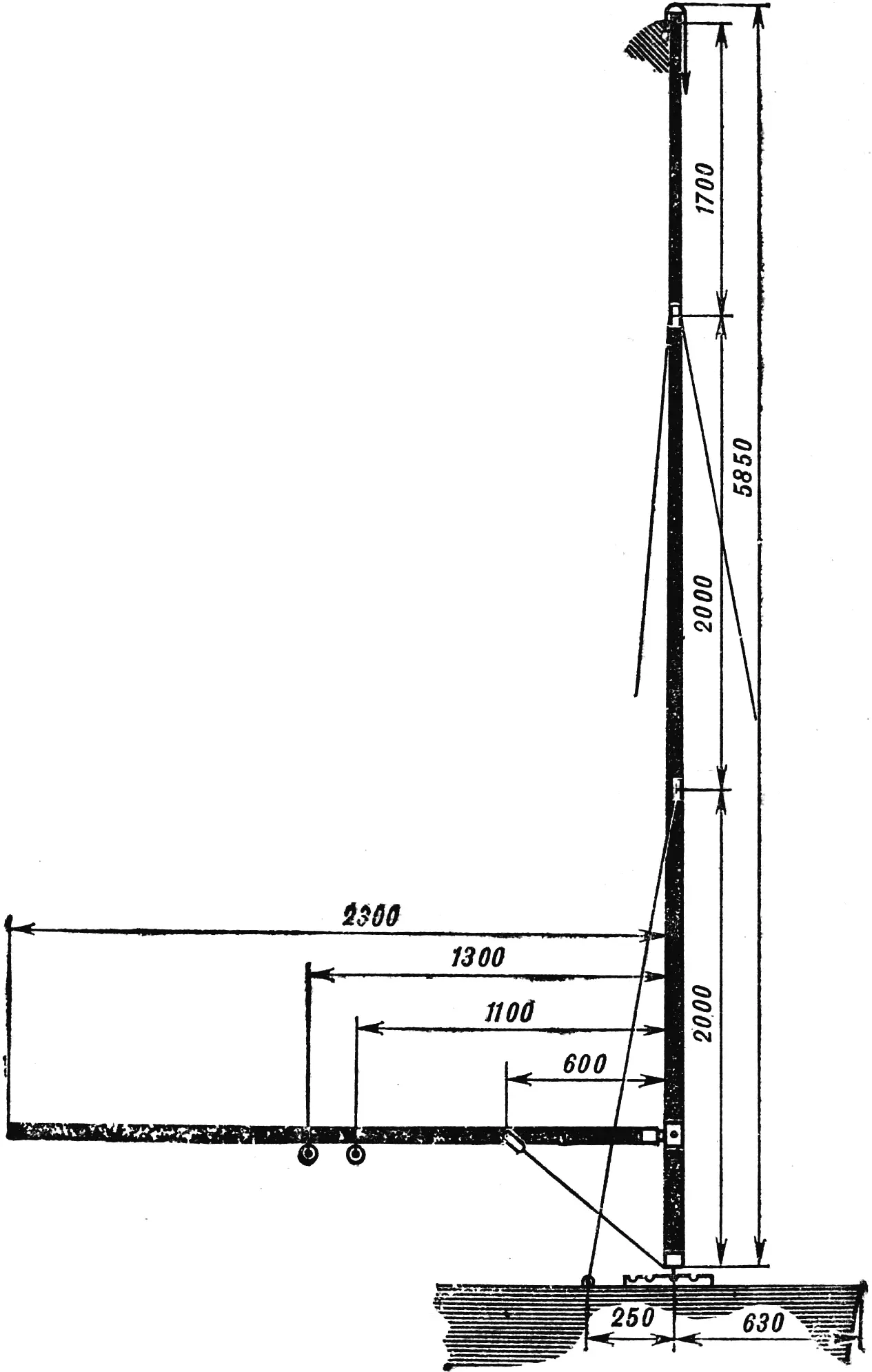 Fig. 9. Standing rigging of the sailboat: mast, boom, two pairs of shrouds and forestay.