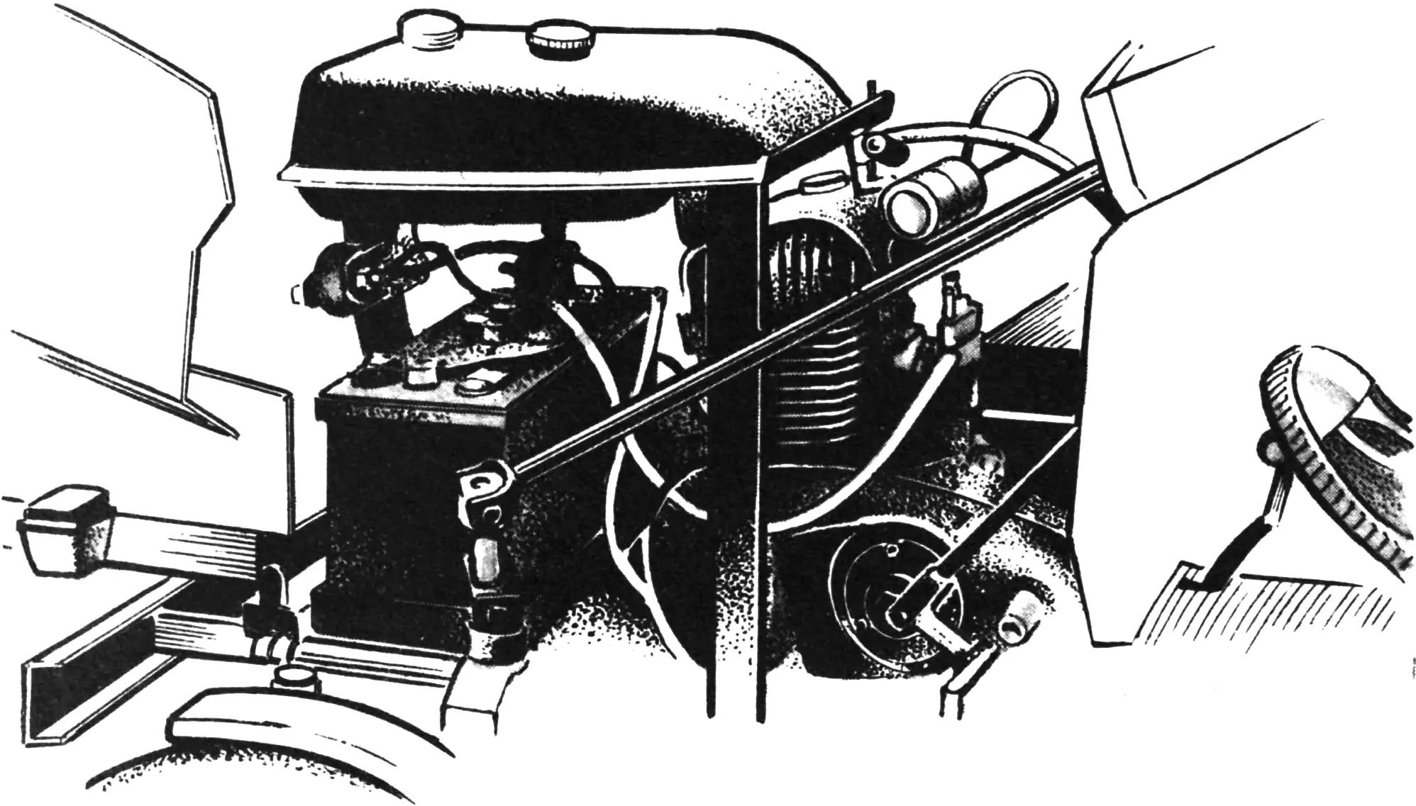 Fig. 7. Location of units and parts on the frame (hood removed).
