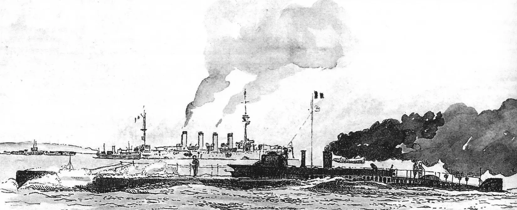 Подводная лодка «Архимед» прибыла в Англию, 1914 год (рисунок Жана Блейда)