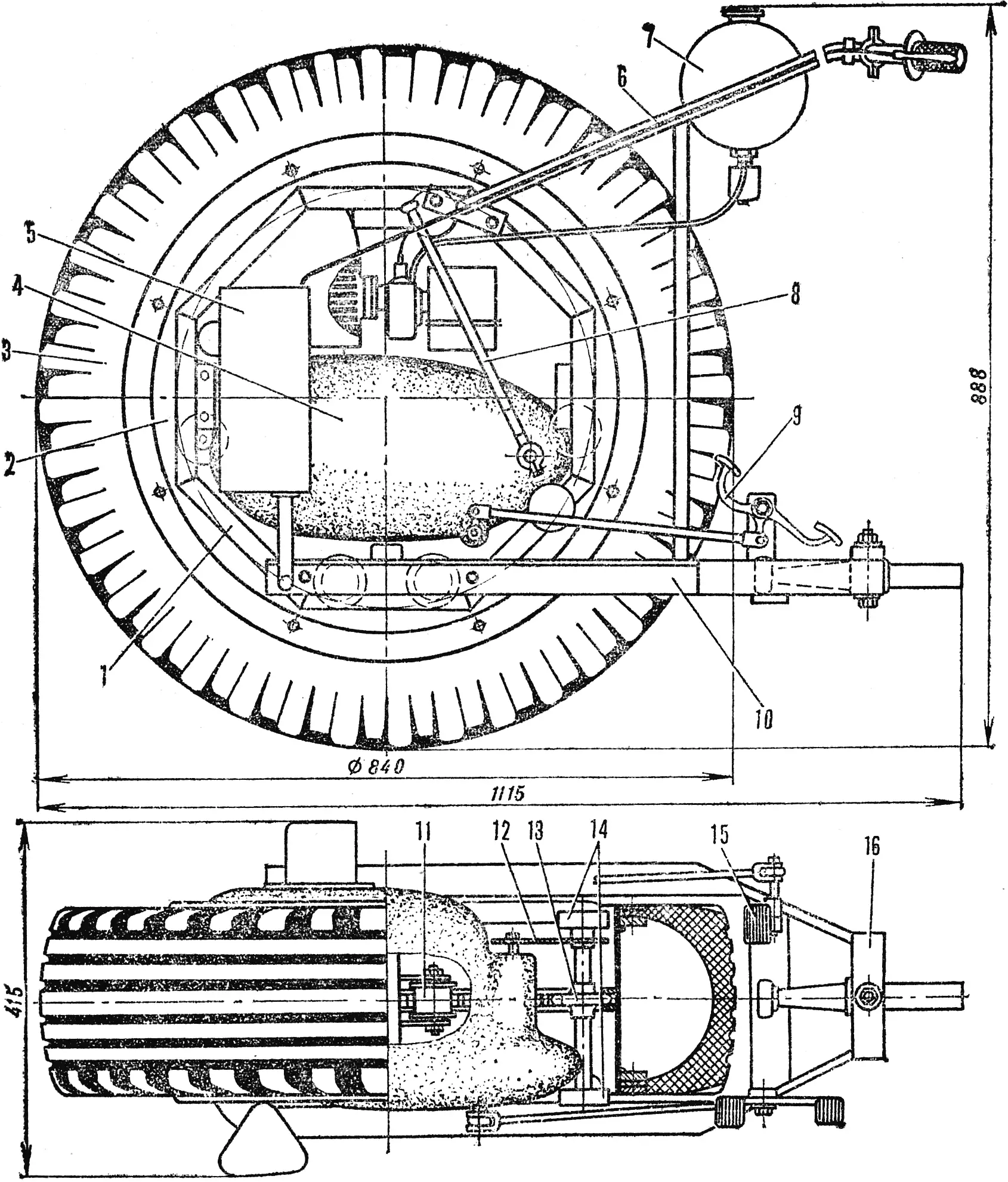 Fig. 1. Design of the single-wheel tractor