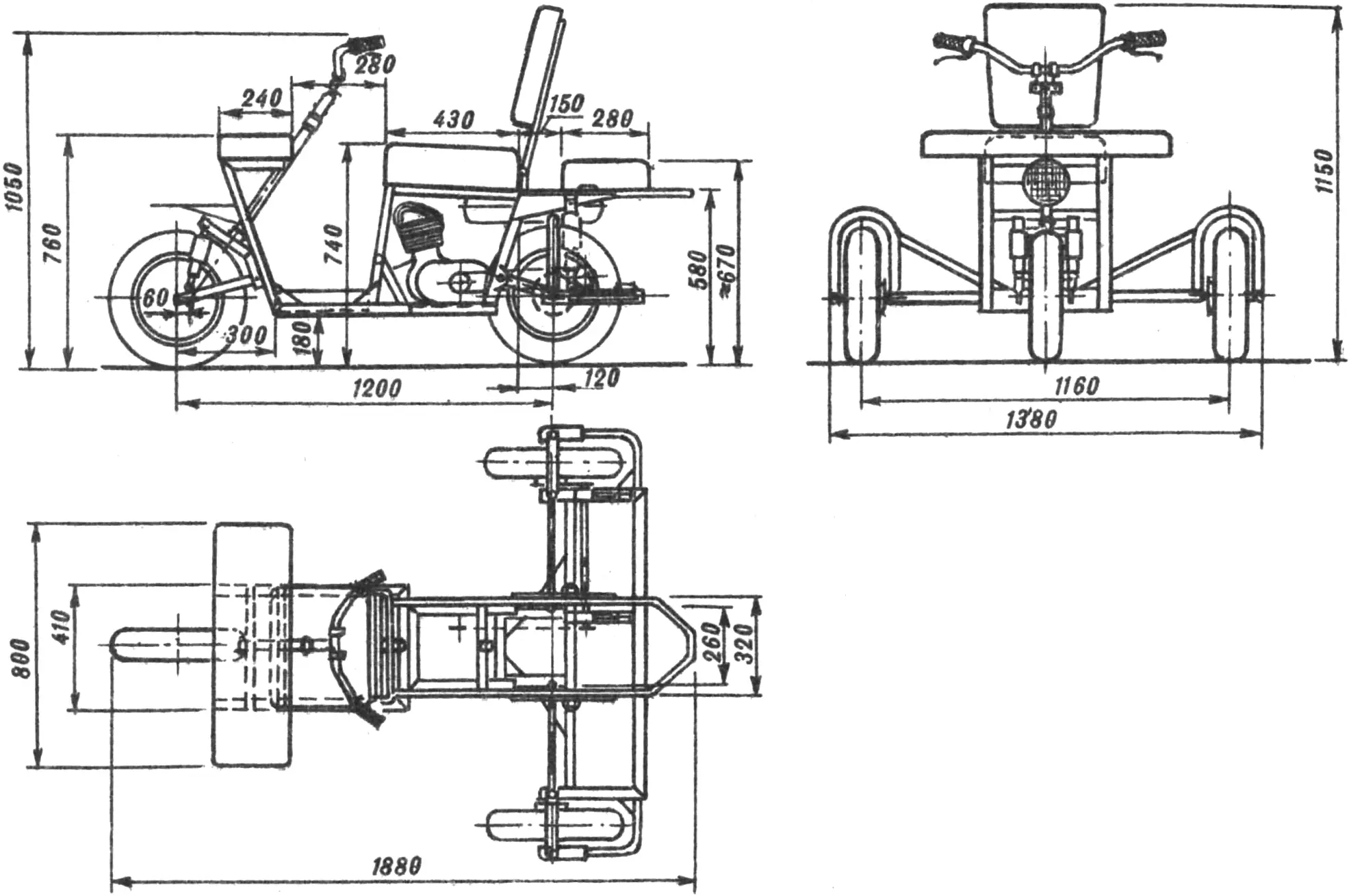 Fig. 22. Third motor-chair variant. The frame is homemade, welded from angles and tubes. A three-wheel layout with a front steered wheel has increased stability. The rear swing axle has shock absorbers from an M-105 motorcycle. Wheels from a Turist scooter. The transmission has an intermediate sprocket block. Drive from the engine is only to the right rear wheel.