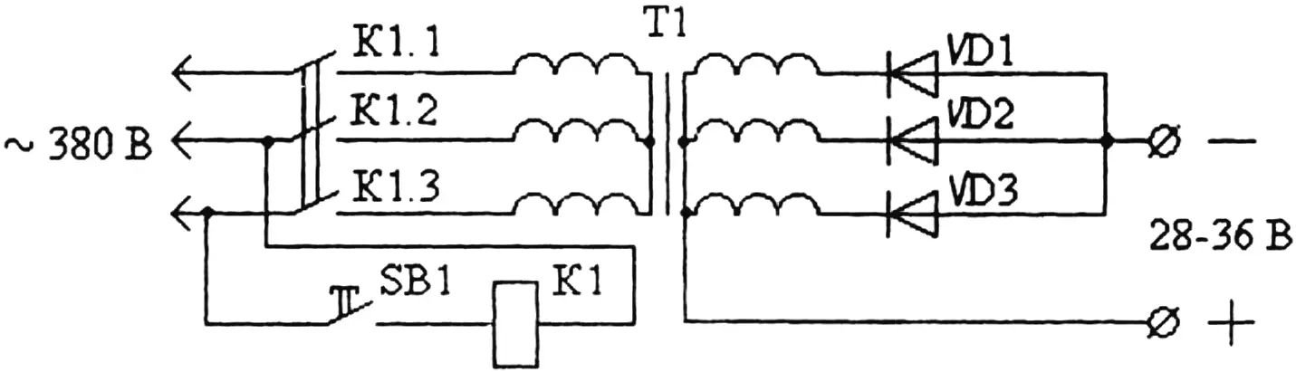Fig. 4. Circuit diagram of the starting device with a three-phase transformer