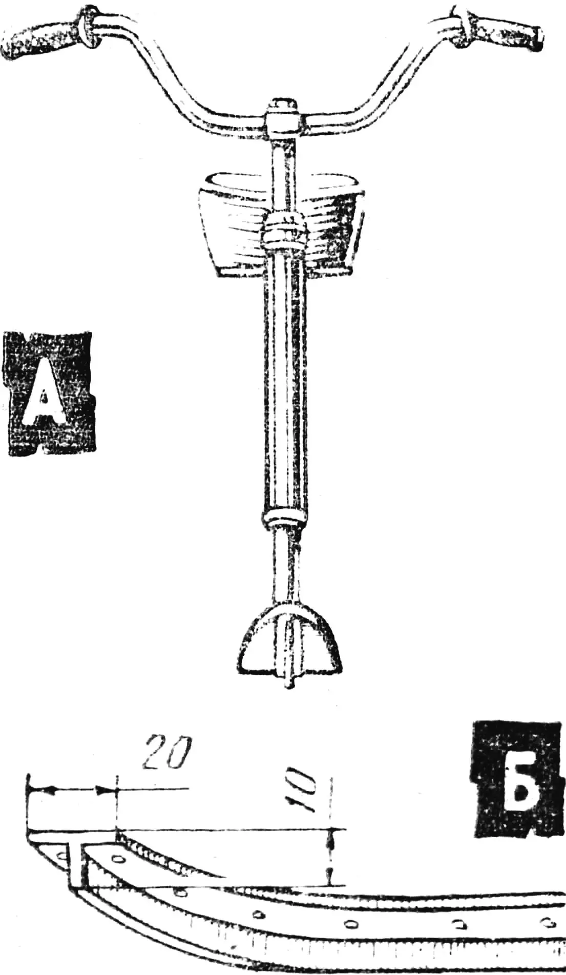 A — front view, B — front ski edge from a T-shaped profile.