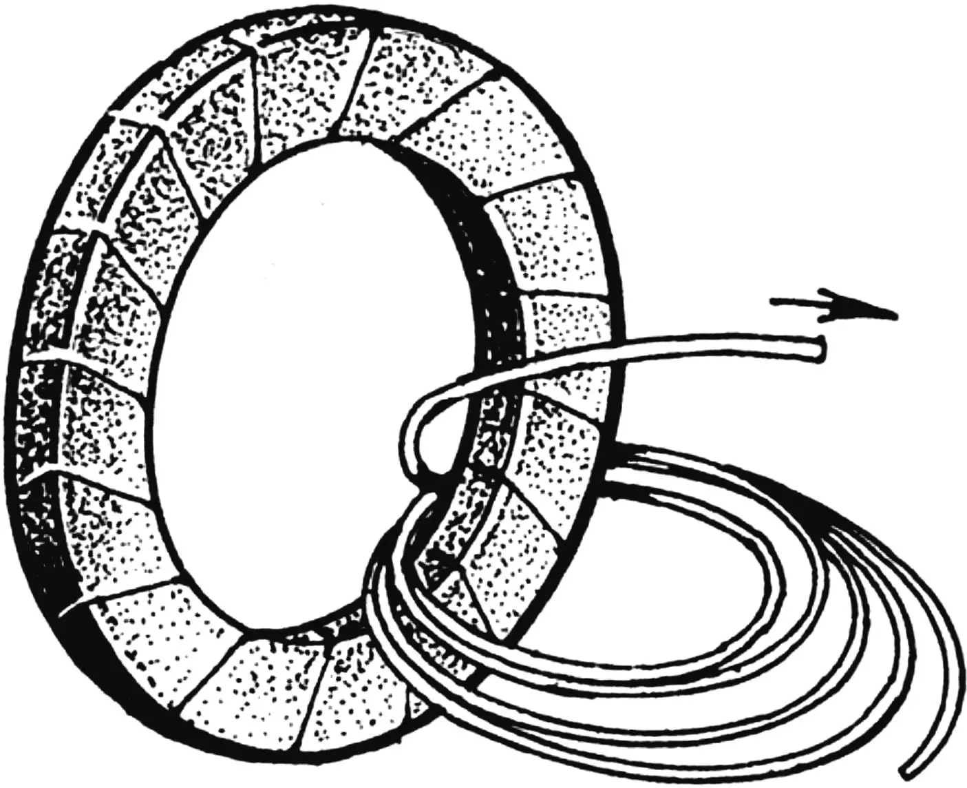 Laying turns of a bus coiled into a reel onto a toroidal magnetic core with reinforced insulation.